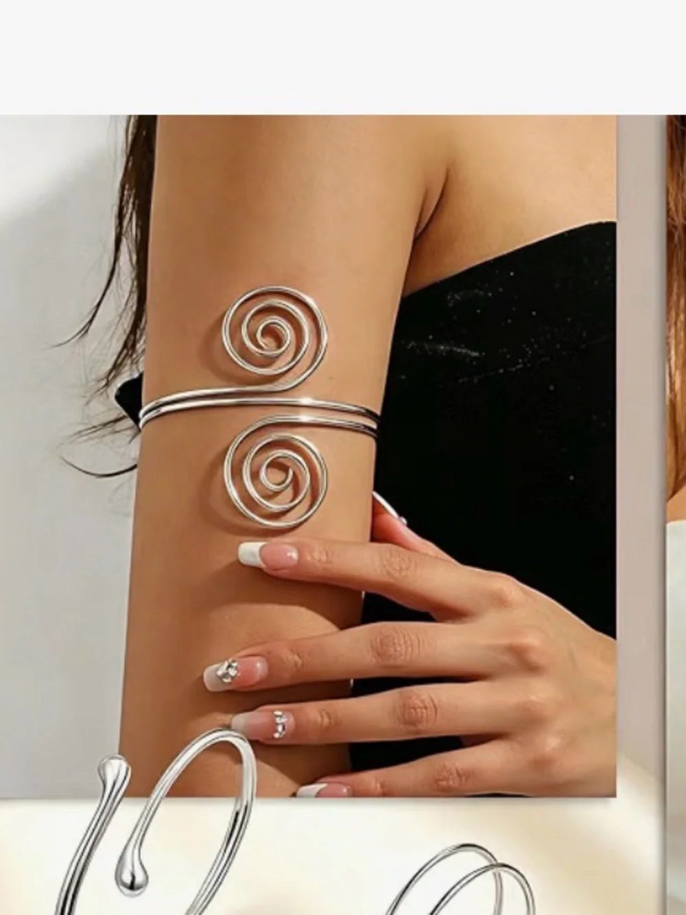 Upper Arm Silver Tone Spiral Wire Cuff Bracelet band. Adjustable